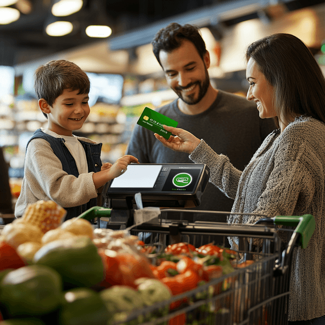Family paying at the checkout counter